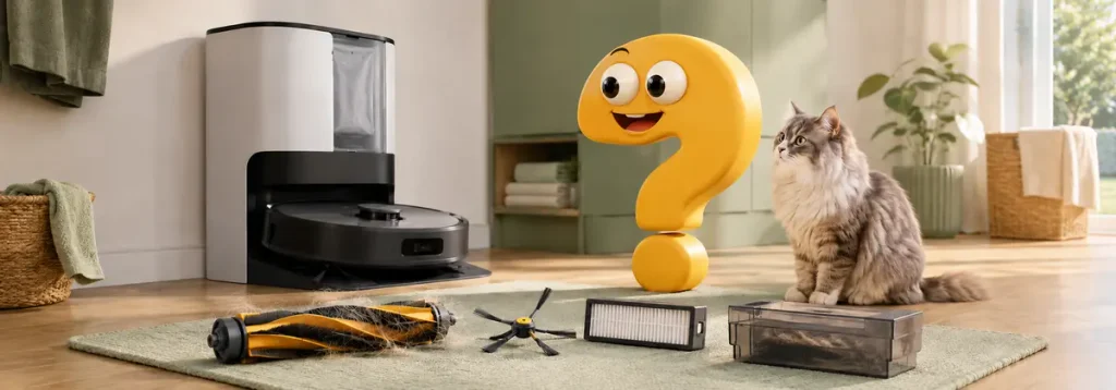 Saugroboter an einer Absaugstation mit Bürstenrolle, Filter und Staubbehälter zur Reinigung