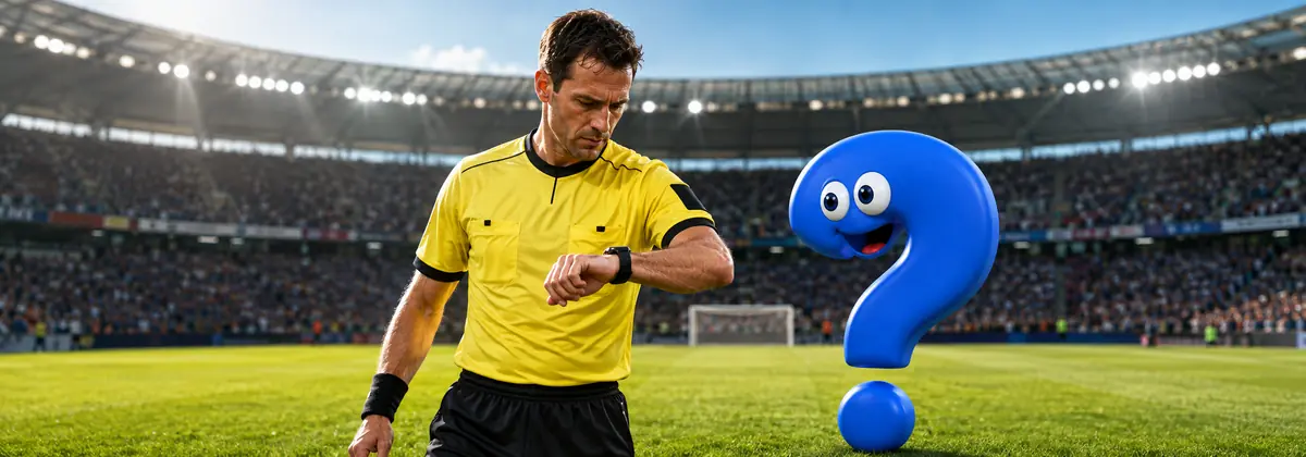 Fußball-Schiedsrichter kontrolliert seine digitale Schiedsrichter-Uhr neben dem blauen Question-King-Fragezeichen.