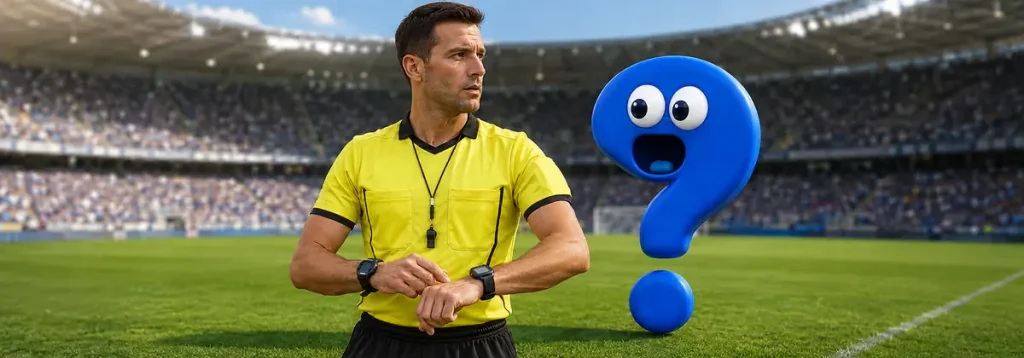Fußball-Schiedsrichter trägt neben dem blauen Question-King-Fragezeichen eine Uhr an jedem Handgelenk.