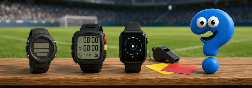 Digitaluhr, spezielle Schiedsrichteruhr und Smartwatch im Vergleich neben dem blauen Question-King-Fragezeichen.