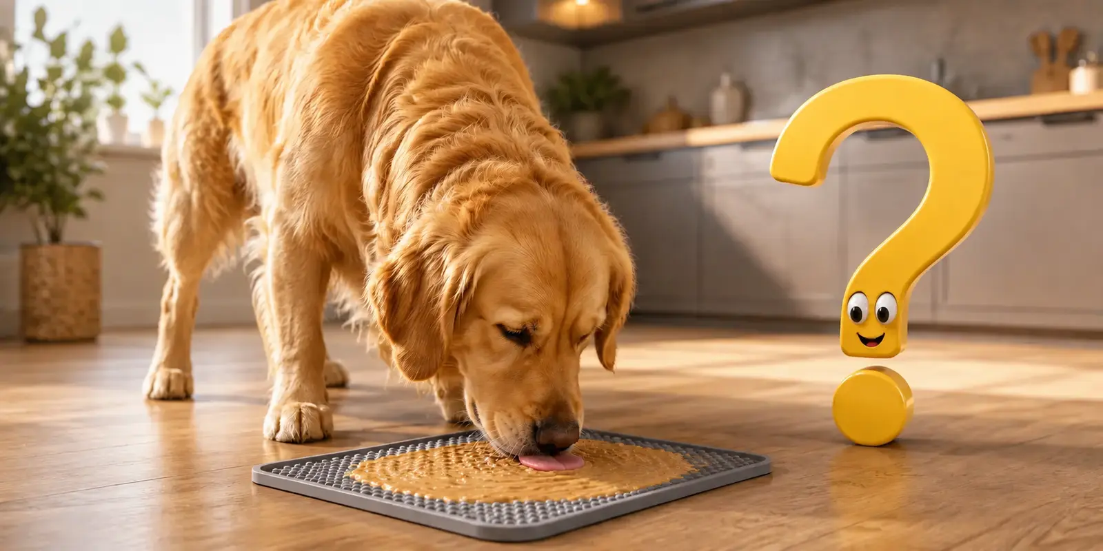 Golden Retriever leckt Futter von einer Schleckmatte für Hunde, daneben das gelbe Fragezeichen-Maskottchen
