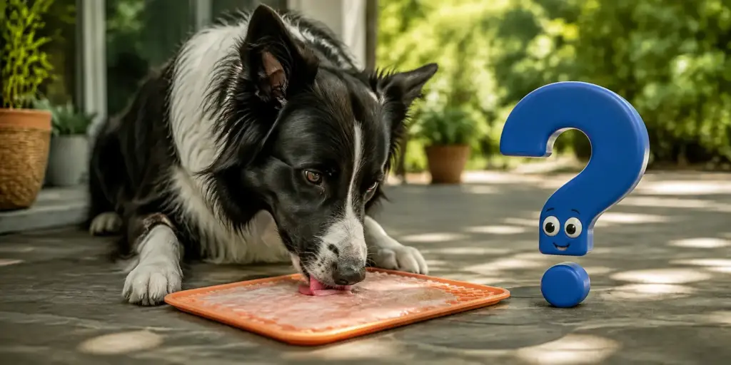 Border Collie leckt eine dünn gefrorene Füllung von einer orangefarbenen Schleckmatte, daneben das blaue Fragezeichen
