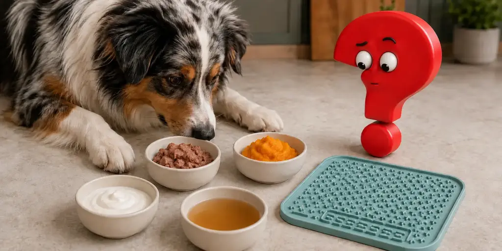 Australian Shepherd betrachtet geeignete Füllungen für eine Hundeschleckmatte für Hunde, begleitet vom roten Fragezeichen