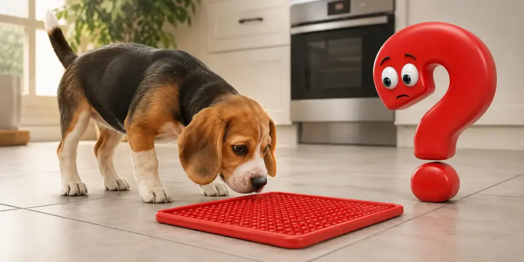 Beagle untersucht eine intakte Schleckmatte unter Aufsicht des roten Fragezeichens
