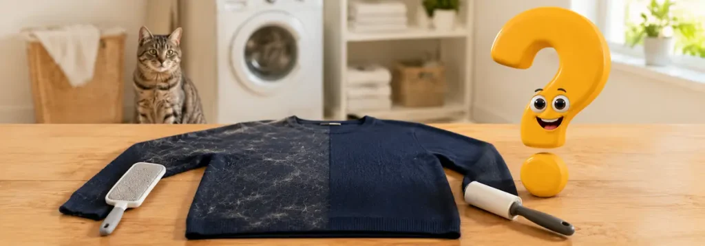 Dunkler Pullover vor und nach der Haarentfernung mit Fusselbürste, Fusselrolle, Katze und Question-King-Fragezeichen