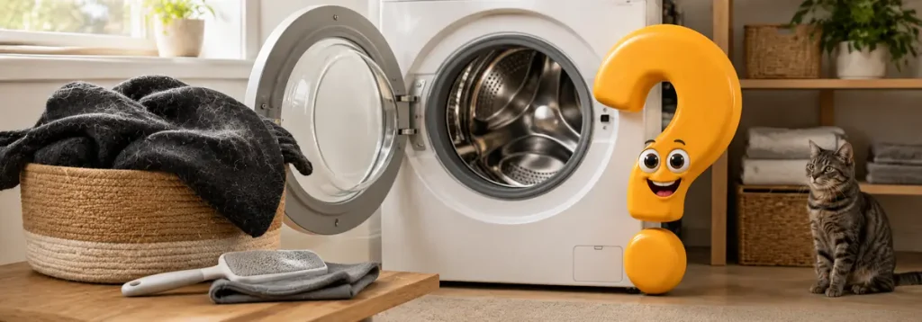 Behaarte Tierdecke vor einer offenen Waschmaschine mit Fusselbürste, Katze und Question-King-Fragezeichen