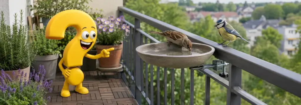 Balkon-Vogeltränke mit Halteklemme, Spatz und Blaumeise neben gelbem Fragezeichen-Maskottchen