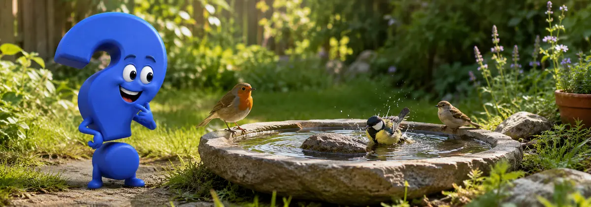 Vogeltränke im Garten mit Rotkehlchen, Kohlmeise und Spatz neben blauem Fragezeichen-Maskottche