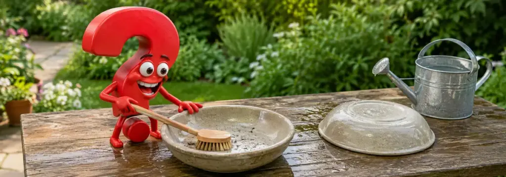 Rotes Fragezeichen-Maskottchen reinigt eine Vogeltränke mit Bürste und klarem Wasser