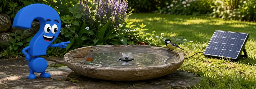 Vogeltränke mit sanftem Solarbrunnen und separatem Solarpanel neben blauem Fragezeichen-Maskottchen