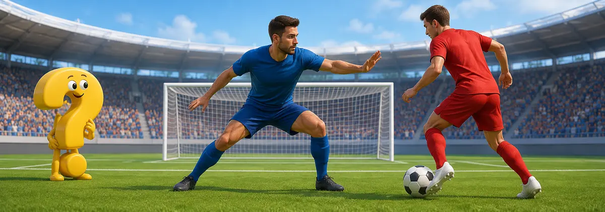 Verteidiger stellt beim Fußball einen Angreifer vor dem Tor, begleitet vom gelben Question-King-Fragezeichen