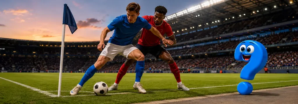 Fußballer schirmt den Ball an der Eckfahne regelkonform ab, beobachtet vom blauen Question-King-Fragezeichen.
