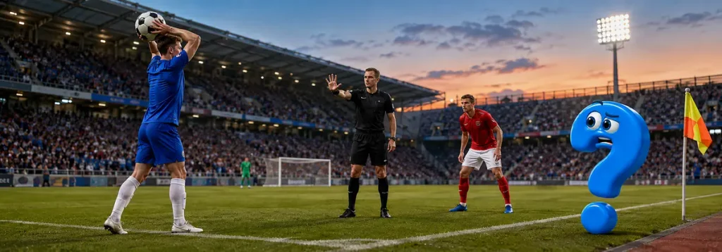Verzögerter Einwurf im Fußball: Der Schiedsrichter startet den Fünf-Sekunden-Countdown, während das Question-King-Fragezeichen skeptisch schaut.