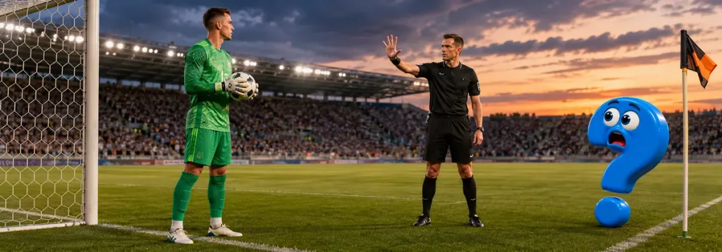 Torwart beim Zeitspiel im Fußball: Der Schiedsrichter zählt die letzten fünf Sekunden der Ballkontrolle sichtbar herunter.