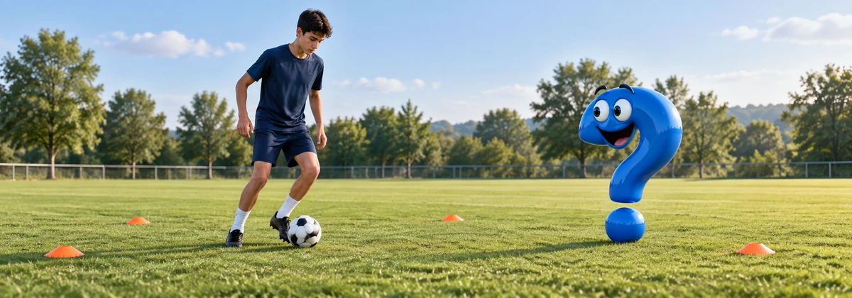 Fußball alleine trainieren: Jugendlicher trainiert allein mit Fußball und Markierungstellern, während ein blaues Fragezeichen neugierig zusieht.