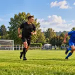 Schiedsrichter und Spieler auf einem Amateurfußballplatz mit gelbem Fragezeichen-Maskottchen zur neuen Abseitsregel.