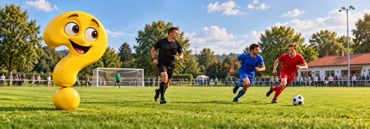 Schiedsrichter und Spieler auf einem Amateurfußballplatz mit gelbem Fragezeichen-Maskottchen zur neuen Abseitsregel.