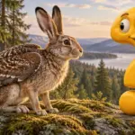 Illustration eines Skvaders mit Hasenkörper und braunen Vogelflügeln neben einem gelben Fragezeichen im schwedischen Wald.