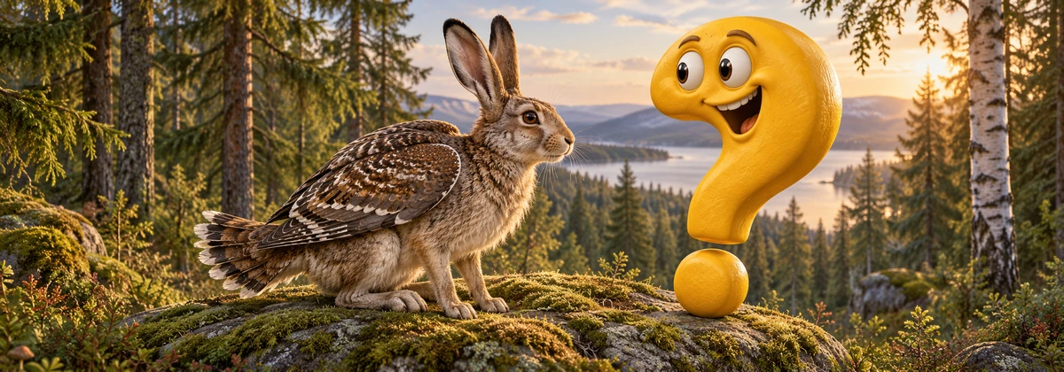 Illustration eines Skvaders mit Hasenkörper und braunen Vogelflügeln neben einem gelben Fragezeichen im schwedischen Wald.