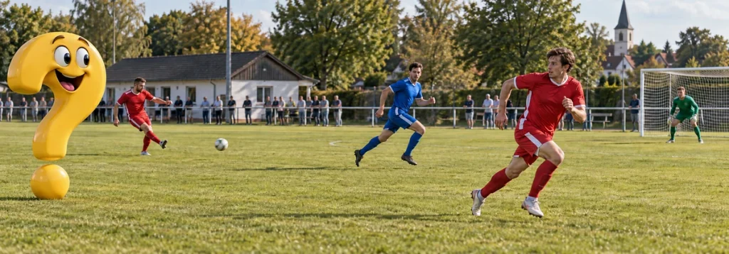 Roter Angreifer und blauer Verteidiger sprinten auf einem Amateurfußballplatz dem Zuspiel entgegen, links ein gelbes Fragezeichen-Maskottchen.