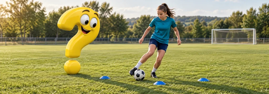 Fußballerin übt enge Ballführung zwischen Markierungstellern neben einem gelben, aufmerksam blickenden Fragezeichen.