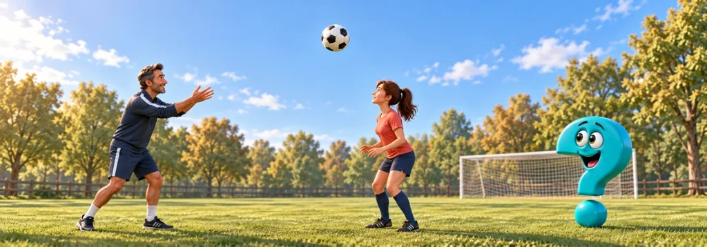 Ein Trainer wirft einer Fußballspielerin den Ball zur Kopfballübung zu, daneben ein türkisfarbenes Fragezeichen.
