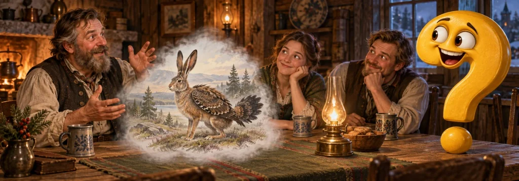 Illustration einer historischen Erzählrunde im Gasthaus mit vorgestelltem Skvader und neugierigem Fragezeichen.
