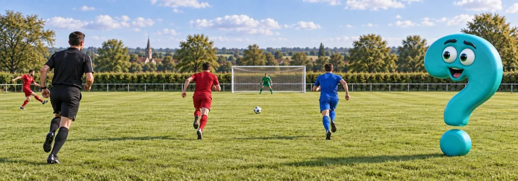 Zwei Fußballspieler sprinten mit seitlichem Abstand auf gleicher Höhe Richtung Tor, dahinter ein Schiedsrichter, der die neue Abseitsregel umsetzt und ein türkises Fragezeichen-Maskottchen.