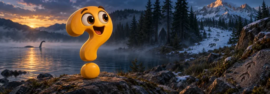 Fragezeichen-Maskottchen steht zwischen einem nebligen See, einem verschneiten Berg und einem dunklen Wald mit angedeuteten Kryptiden