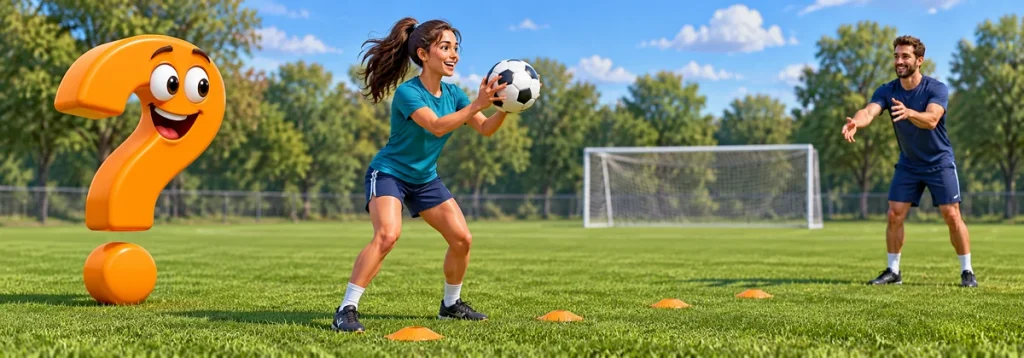 Fußballspielerin fängt einen zugeworfenen Ball zwischen Markiertellern, begleitet von einem orangefarbenen Fragezeichen.