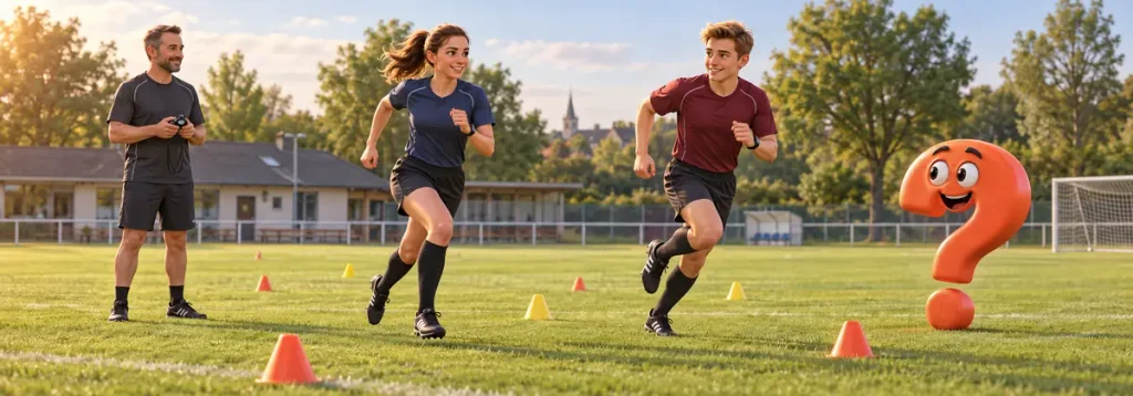 Zwei Schiedsrichteranwärter beim Lauftraining mit Trainer und orangefarbenem Question-King-Fragezeichen