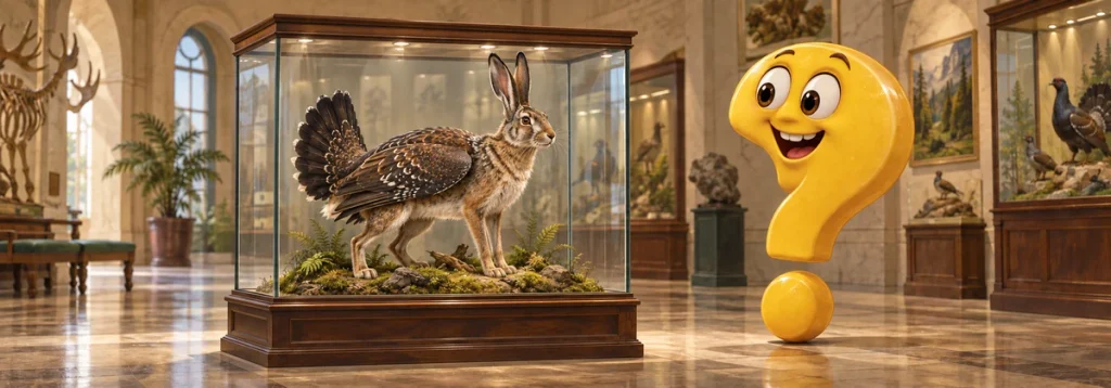 Illustration eines Skvader-Präparats in einer erfundenen Museumsvitrine neben einem staunenden gelben Fragezeichen.