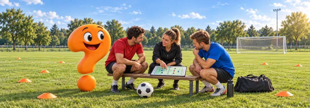 Trainerin und zwei Fußballspieler besprechen die neue Abseitsregel an einer Taktiktafel, begleitet von einem orangefarbenen Fragezeichen-Maskottchen.