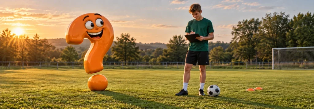 Jugendlicher notiert sein Trainingsergebnis auf einem Klemmbrett neben einem orangefarbenen, zufrieden lächelnden Fragezeichen.