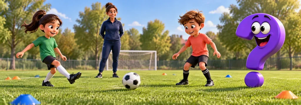 Zwei Kinder üben flache Fußballpässe unter Aufsicht einer Trainerin, daneben ein violettes Fragezeichen.
