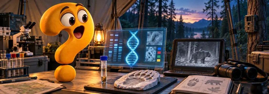 Kryptozoologie: Fragezeichen-Maskottchen vergleicht in einem Feldlabor eine DNA-Probe, einen Fußabdruck und Aufnahmen einer Wildkamera.