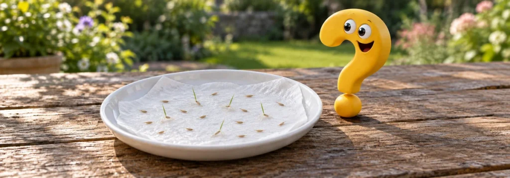 Rasensamen mit feinen Keimlingen auf feuchtem Küchenpapier in einer Schale neben einem gelben Fragezeichen.