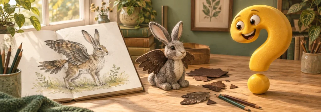 Skvader-Zeichnung und Stoffhase mit braunen Filzflügeln auf einem Basteltisch neben dem gelben Fragezeichen-Maskottchen.