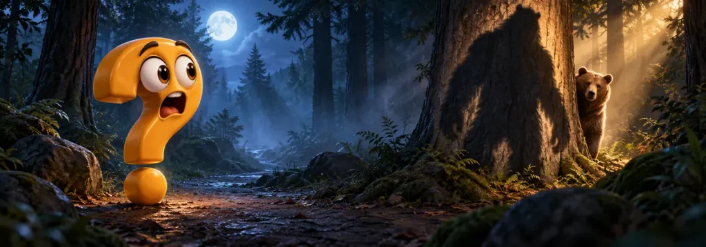 Fragezeichen-Maskottchen erkennt, dass sich eine unheimliche Gestalt im nebligen Wald als Bär hinter einem Baum entpuppt.