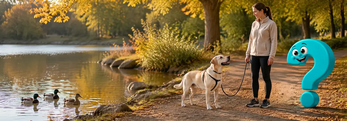 Impulskontrolle beim Hund: Ein Labrador wendet sich von den Enten am See ab und orientiert sich an seiner Halterin.