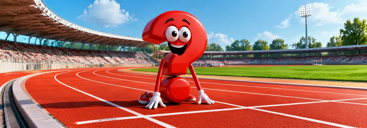 Rotes Fragezeichen-Maskottchen auf einer 400 m Laufbahn im Leichtathletikstadion