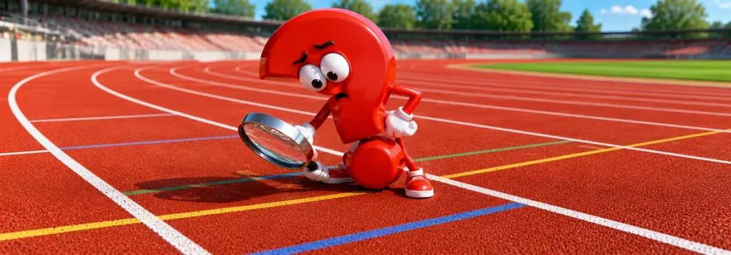 Rotes Fragezeichen untersucht farbige Markierungen auf einer Leichtathletiklaufbahn