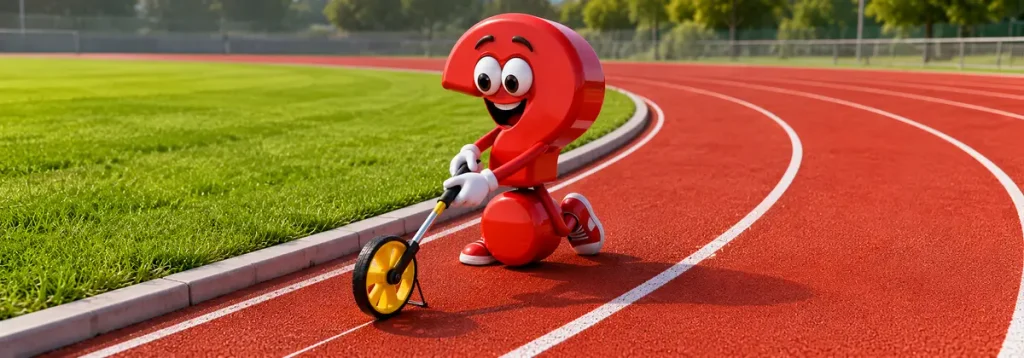 Rotes Fragezeichen misst Bahn 1 einer 400 m Laufbahn mit einem Messrad