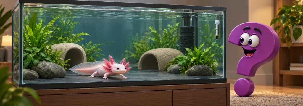 Axolotl in einem bepflanzten Aquarium mit Höhlen, Filter und Thermometer neben einem violetten Fragezeichen.
