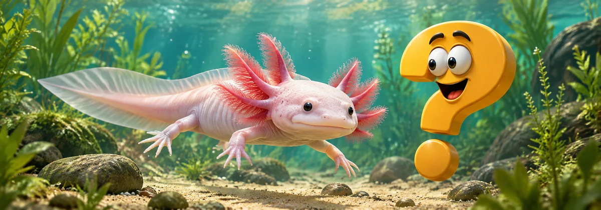 Heller Axolotl mit rosafarbenen Außenkiemen unter Wasser neben einem gelben Fragezeichen-Maskottchen.