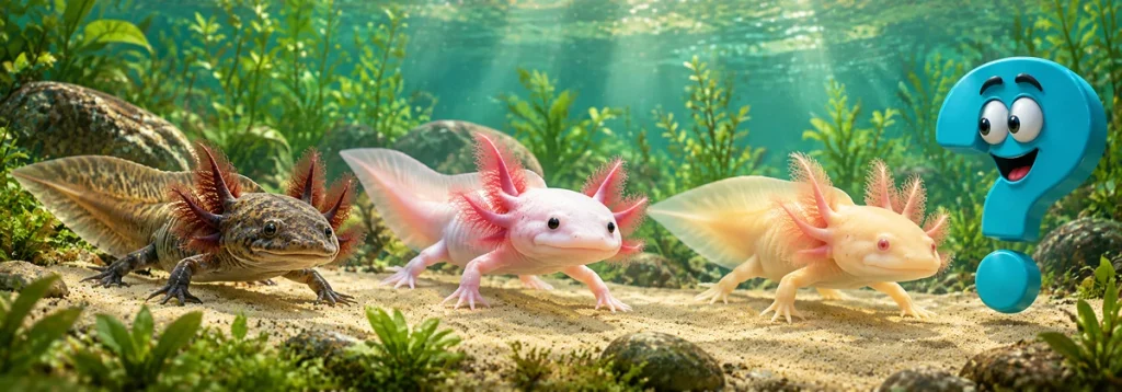 Wildfarbener Axolotl, heller Weißling und goldener Albino nebeneinander mit türkisfarbenem Fragezeichen.