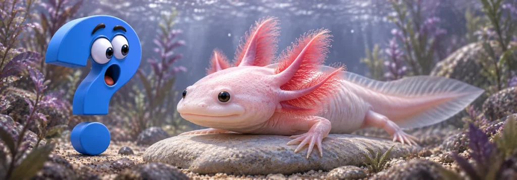 Nahansicht eines hellen Axolotls mit verzweigten Außenkiemen neben einem erstaunten blauen Fragezeichen.