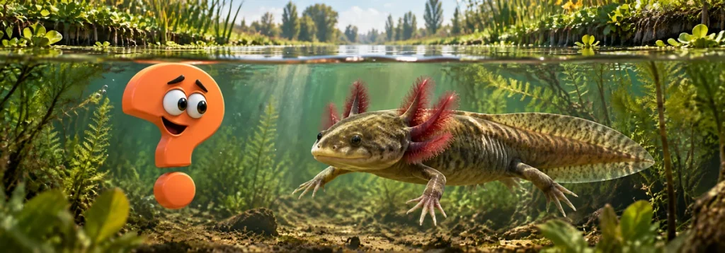 Dunkler Axolotl in einer illustrierten Kanallandschaft von Xochimilco mit orangefarbenem Fragezeichen.
