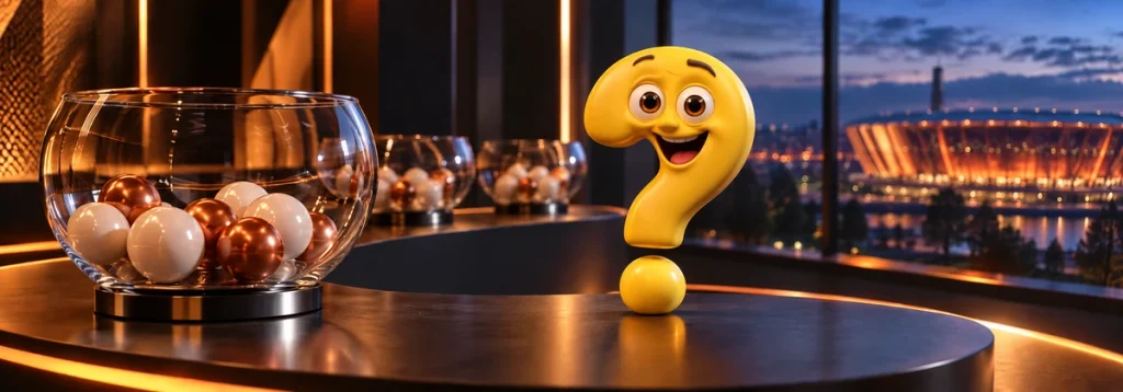 Neugieriges gelbes Fragezeichen neben Lostöpfen in einem Studio mit Blick auf ein beleuchtetes Stadion.