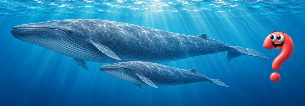 Blauwal-Mutter mit Kalb unter der Wasseroberfläche neben dem Question-King-Fragezeichen.